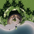 Curved Pergola Structure Surrounded by Trees Beside Water with Paved Pathway