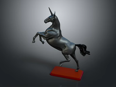 Black Unicorn Statue In Standing Pose With Red Base Decorative Sculpture 3d model
