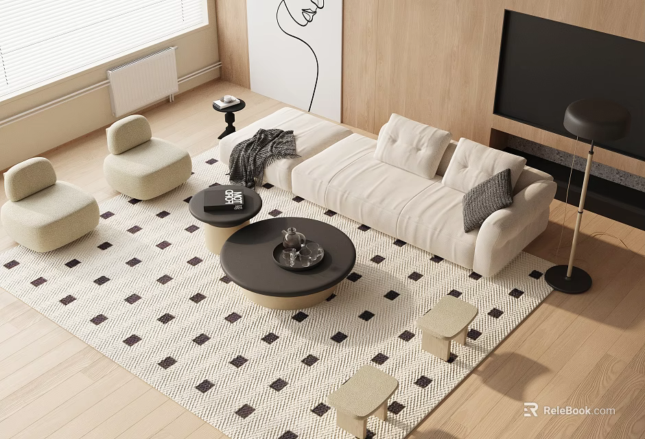 Light Beige Sofa And Round Black Coffee Table With Geometric Rug And Stools 3d model