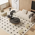 Light Beige Sofa And Round Black Coffee Table With Geometric Rug And Stools 3d model