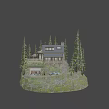Wooden Mountain Cabin With Deck Blue Sports Car And Pine Tree Surroundings