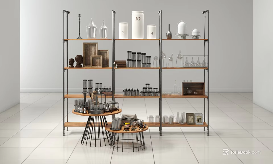 Industrial Metal and Wood Shelf Unit with Decorative Jars Frames Books and Round Side Tables 3d model 