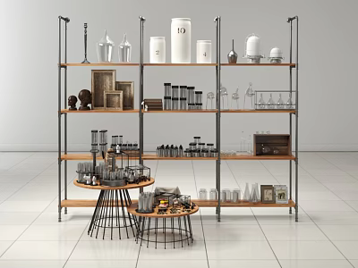 Industrial Metal and Wood Shelf Unit with Decorative Jars Frames Books and Round Side Tables 3d model