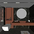 Modern Bathroom Interior With Glass Shower Orange Walls Black Marble And Round Mirror