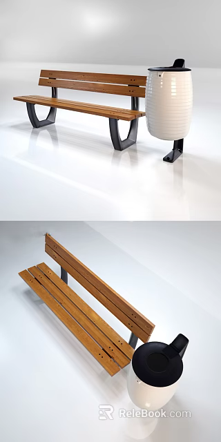 Public Facility Wooden Bench Featuring Metal Frame For Public Areas 3d model 