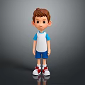 Cartoon Boy Wearing Blue White T-Shirt Blue Shorts Red Sneakers on Grey Background with Reflection