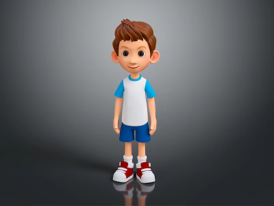 Cartoon Boy Wearing Blue White T-Shirt Blue Shorts Red Sneakers on Grey Background with Reflection 3d model