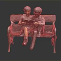 Two Young Men Sitting On Wooden Bench Reading Book Together In Bronze Sculpture