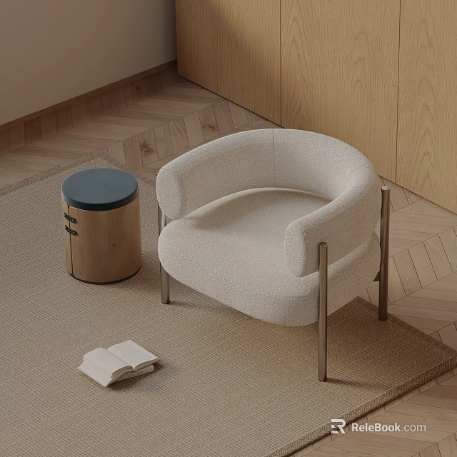 Cozy White Leisure Chair with Wooden Side Table Open Book on Carpet 3d model 