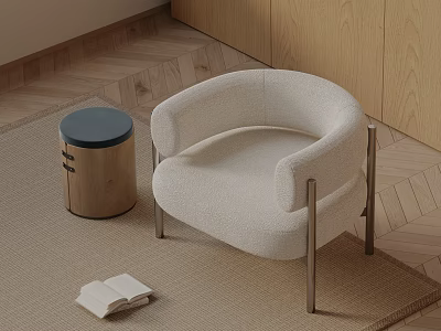 Cozy White Leisure Chair with Wooden Side Table Open Book on Carpet 3d model