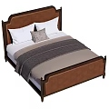 Classic Double Bed with Wooden Frame Leather Headboard White Pillows Gray Cushion and Striped Blanket
