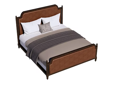 Classic Double Bed with Wooden Frame Leather Headboard White Pillows Gray Cushion and Striped Blanket 3d model