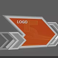 Modern Orange Exhibition Reception Desk Featuring Geometric Design White Borders And Arrow Elements