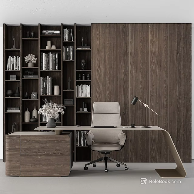 Modern Office Desk With Gray Chair Table Lamp Vase And Wooden Bookshelf 3d model 