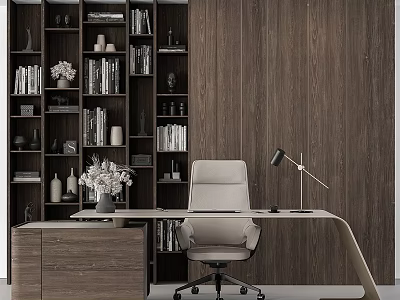 Modern Office Desk With Gray Chair Table Lamp Vase And Wooden Bookshelf 3d model