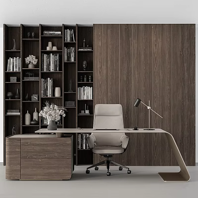 Modern Office Desk With Gray Chair Table Lamp Vase And Wooden Bookshelf 3d model