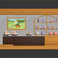 Small Shop Interior With Orange Frame Gray Walls Red Tiles Picture On Wall And Counter Items