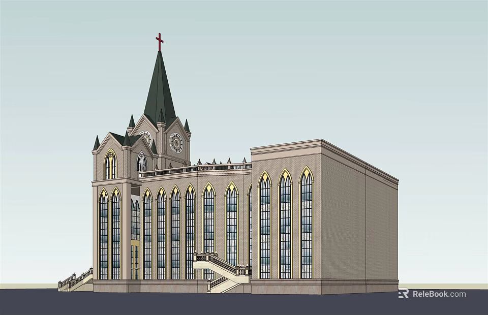 Historic Church Architecture With Steeple Cross Clock Tower Arched Windows And Stone Steps 3d model 