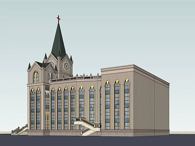 Historic Church Architecture With Steeple Cross Clock Tower Arched Windows And Stone Steps 3d model