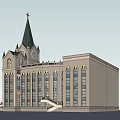 Historic Church Architecture With Steeple Cross Clock Tower Arched Windows And Stone Steps