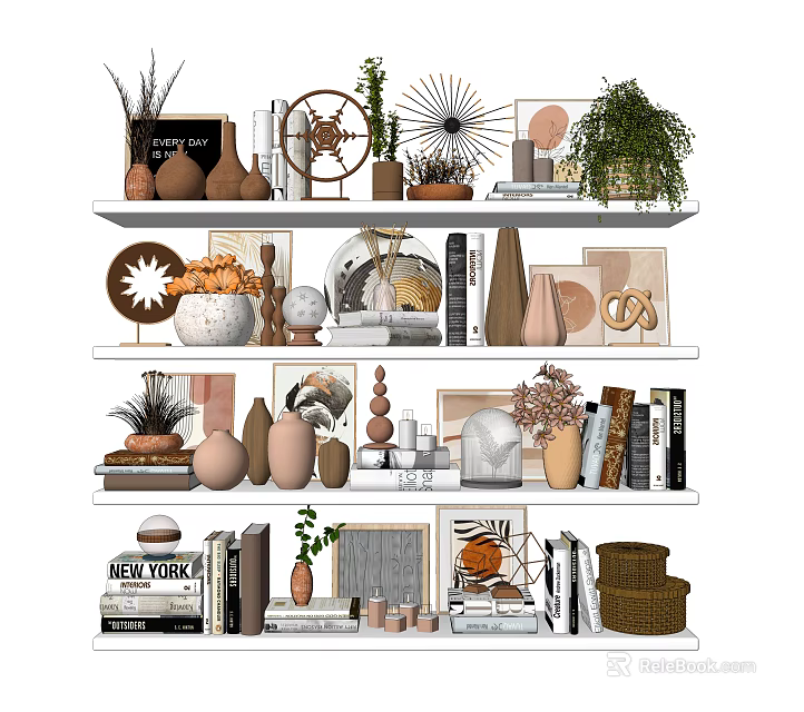 Ornament and Decorative Item Collection With Vases Plants Artworks Books and Sculptures 3d model 