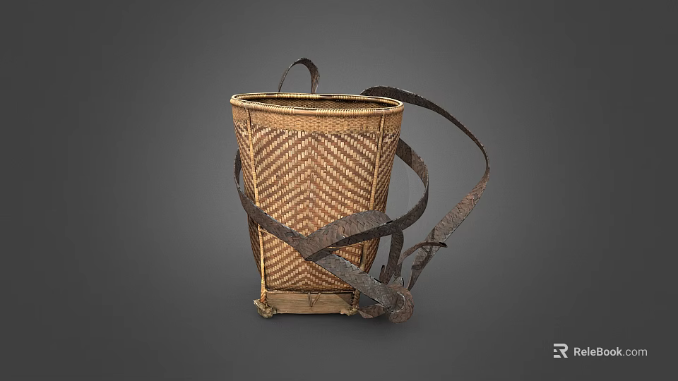 Handwoven Rattan Storage Basket with Dark Straps for Vintage Home Organization 3d model 