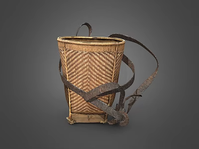 Handwoven Rattan Storage Basket with Dark Straps for Vintage Home Organization 3d model