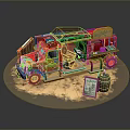 Red Vintage Food Truck with Canvas Awning Menu Board and Wooden Barrel Outdoor Setup