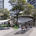 Modern Plaza Landscape with High Rise Buildings Trees Shaded Canopy Smooth Stone Pavement and People
