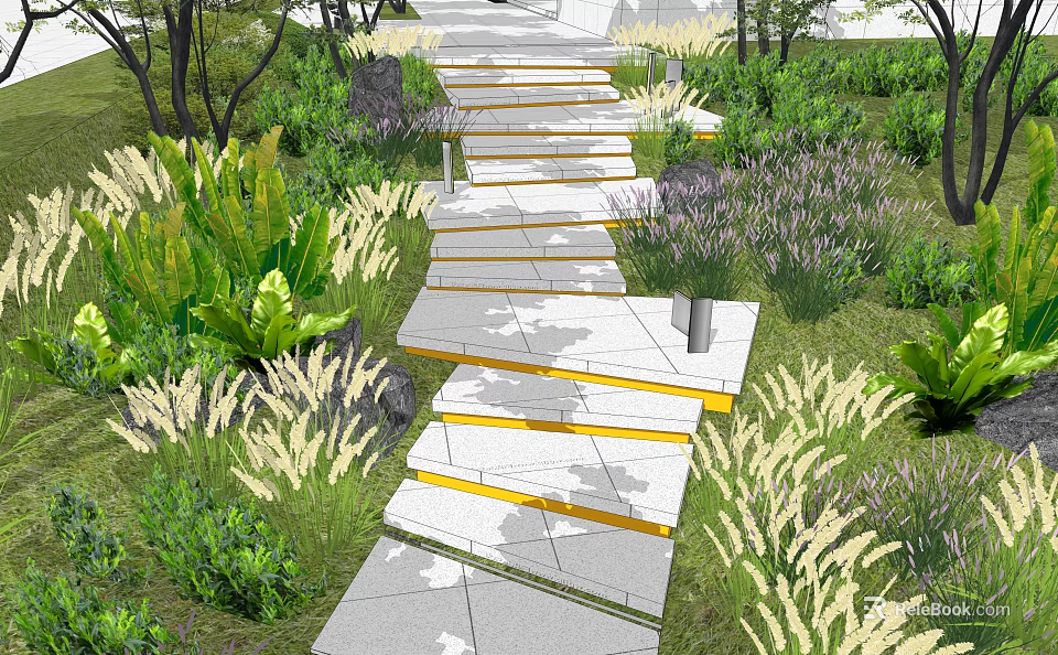 Garden Landscape With Stone Stepping Path Lush Greenery And Colorful Flower Beds 3d model 