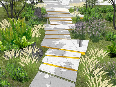 Garden Landscape With Stone Stepping Path Lush Greenery And Colorful Flower Beds 3d model