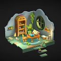 Cartoon Scene With Wooden Bookshelf Green Plants Round Window Small Table Broom Candles And Steps