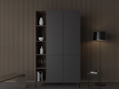 Modern Dark Gray Bookcase with Vase Bowl Wine Glasses Books Against Wooden Vertical Slats Wall 3d model