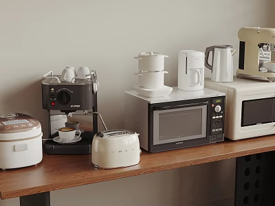 Essential Kitchen Appliances Coffee Maker Rice Cooker Microwave Oven Blender Electric Kettle On Wooden Countertop 3d model