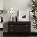 Elegant Dark Brown Entryway Cabinet Sideboard Interior With White Vase Books Photo Frame And Green Plants