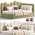 Kids Bed with Scalloped Headboard Beige Green Multiple Pillows and Blanket
