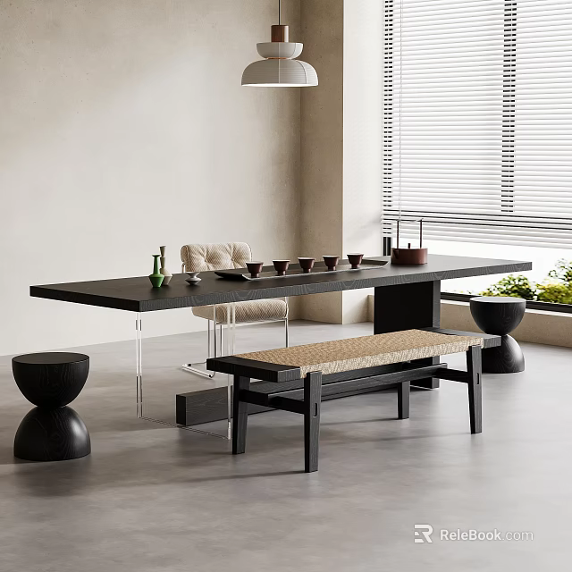 Modern Tea Table And Chairs Interior With Bench Tea Sets And Window Blinds 3d model 