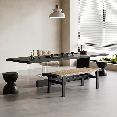 Modern Tea Table And Chairs Interior With Bench Tea Sets And Window Blinds 3d model