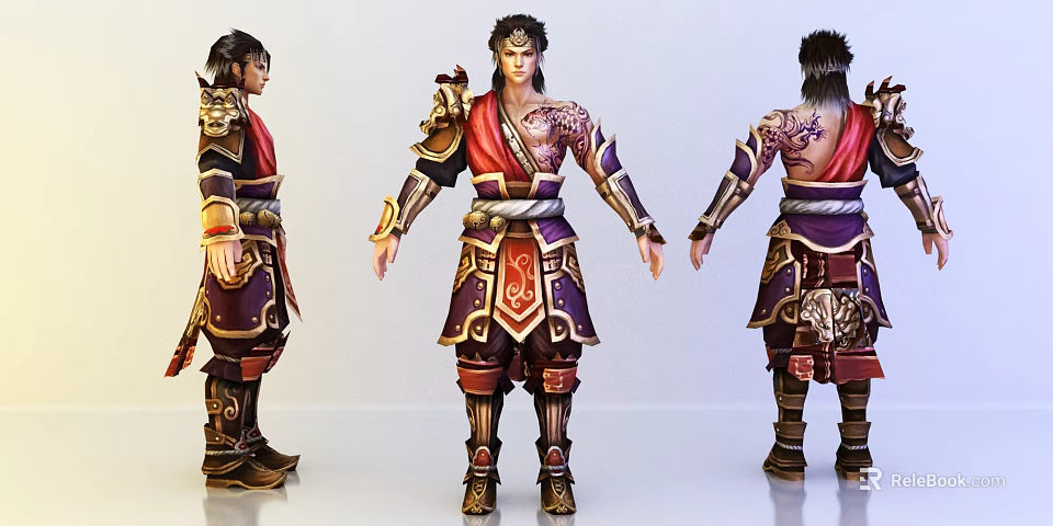 Game Movie Character With Ancient Armor Tattoos Weapon And Multi Angle View 3d model 