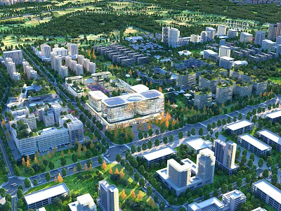 Aerial Planning of Modern City Featuring Buildings Green Spaces and Road Networks 3d model