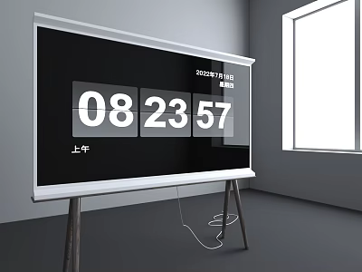 Black TV Displaying Time 082357 Morning Text on Tripod Stand in Empty Room with Window 3d model