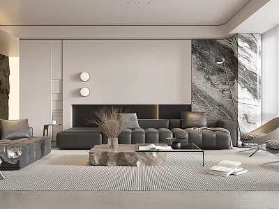 Modern Living Room Interior Design With Grey Sofa Marble Accent Wall And Round Pendant Lights 3d model