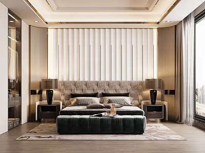 Elegant Modern Bedroom Interior Design With Tufted Headboard Nightstands And Area Rug 3d model