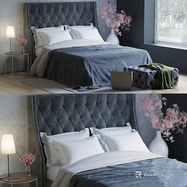 Modern Double Bed With Tufted Headboard White Pillows Blue Bedding Nightstand Table Lamp And Flowers 3d model 