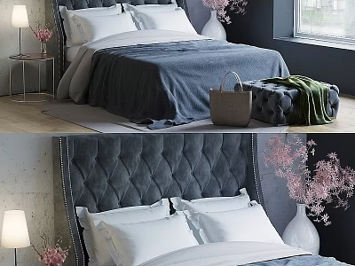 Modern Double Bed With Tufted Headboard White Pillows Blue Bedding Nightstand Table Lamp And Flowers 3d model
