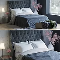 Modern Double Bed With Tufted Headboard White Pillows Blue Bedding Nightstand Table Lamp And Flowers