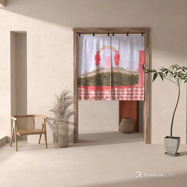 Decorative Door Curtain With Red Figure Print For Interior Room Decoration 3d model 