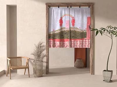 Decorative Door Curtain With Red Figure Print For Interior Room Decoration 3d model