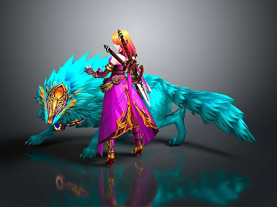 Game Movie Character In Purple Robe With Golden Decorations And Blue Wolf Companion 3d model
