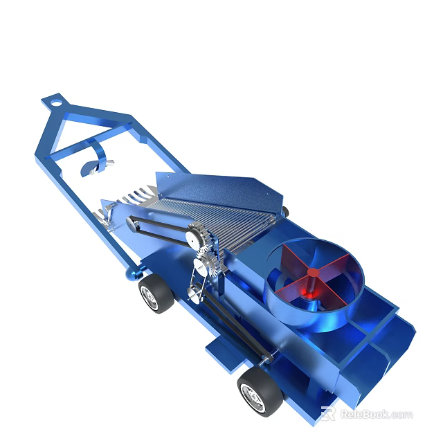 Blue Mechanical Device With Metal Frame Wheels And Red Blades Structure 3d model